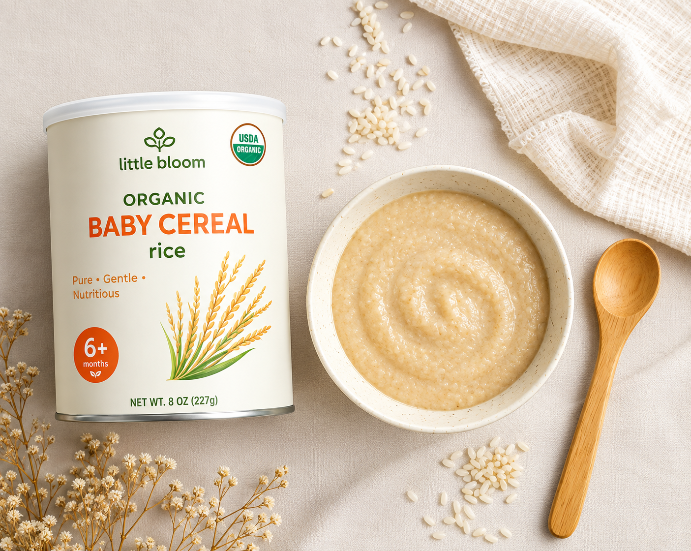 Organic baby cereal tin with prepared rice cereal bowl